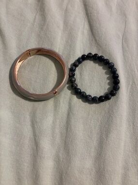 Rose Gold Hinged Bangle and Dark Beaded Stretch Bracelet